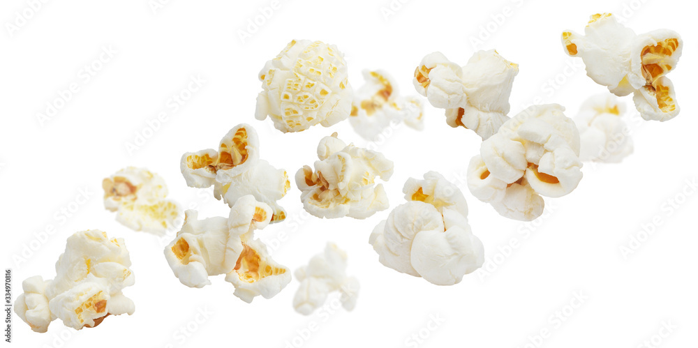 Flying popcorn, isolated on white background