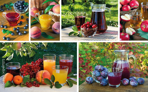 Collage of natural juices of berries and fruits