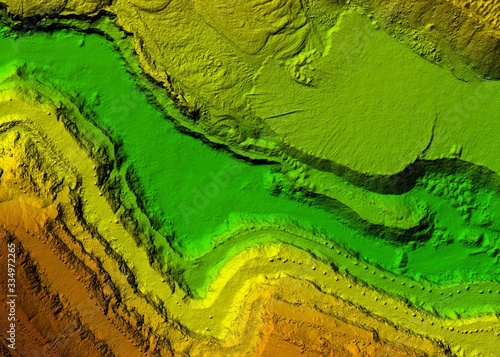 DEM - digital elevation model. Product made after proccesing pictures taken from a drone. It shows excavation site with steep rock walls