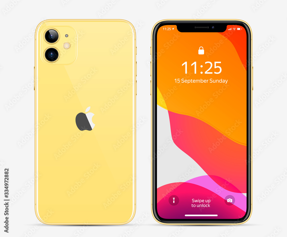 New Iphone 11 Yellow Color By Apple Inc Mock Up Screen Phone And Back Side Vector Illustration Eps10 Stock Vector Adobe Stock