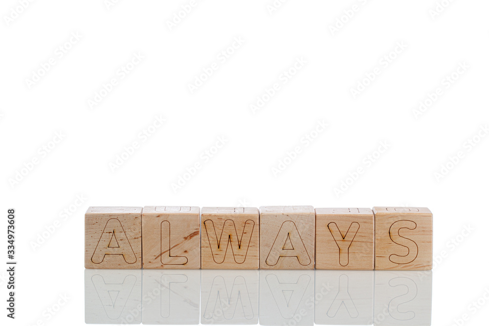 Wooden cubes with letters always on a white background