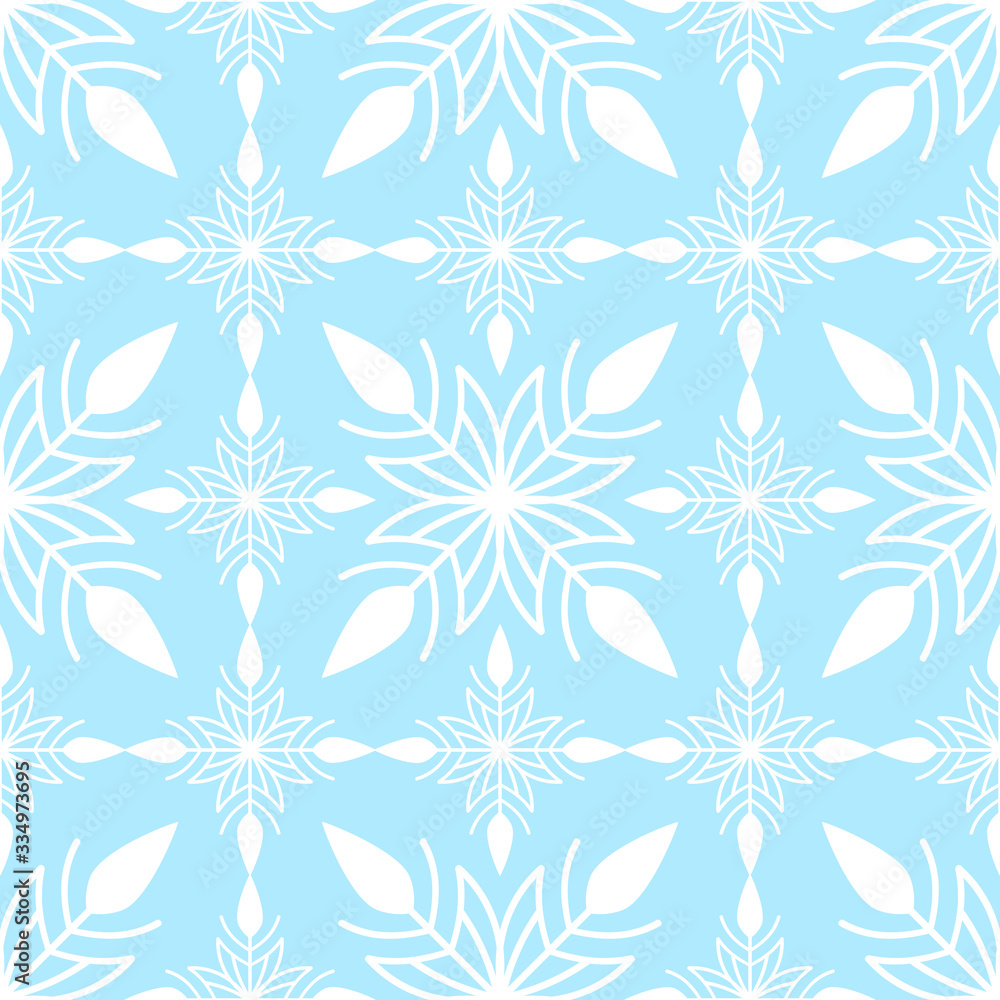 Winter seamless pattern with white snowflakes on blue background. Vector illustration for fabric, textile, card, poster, paper. Christmas vector illustration. Holiday decorative ornament.