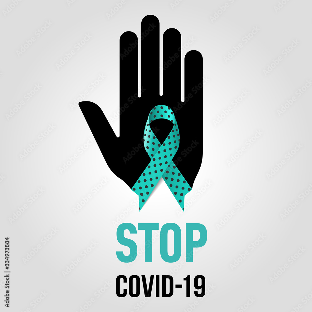 Fototapeta premium Symbolic Ribbon Over Open Hand Palm on Gray Backdrop. Illustration Dedicated to the Virus Epidemic (2019-nCoV). Medical Healthcare Concept of Fight Against Deadly SARS-CoV-2 Spread in the World
