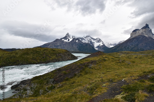 A blue waterfall in Torres del Paine National Park in Chile  Patagonia