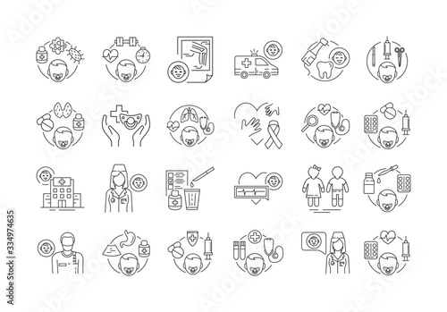 Pediatrics black line icons set. Medical health care sign. Childcare concept. Pictogram for web page, mobile app, promo. UI UX GUI design element