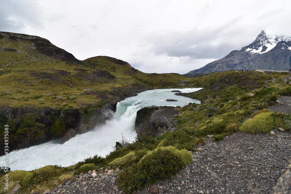 A blue waterfall in Torres del Paine National Park in Chile, Patagonia