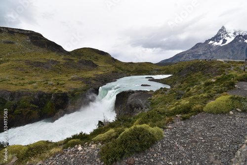 A blue waterfall in Torres del Paine National Park in Chile  Patagonia