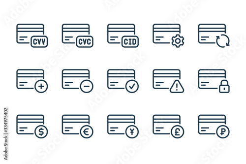 Credit card and online payment line icons. Payment information and credit card settings vector linear icon set.