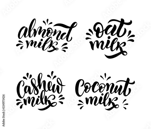 Vegetarian, oat, coconut, almond, organic milk lettering quotes for banner, logo and packaging design.