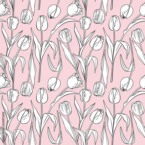 Tulips vector seamless pattern. Spring floral pink background. Tulip flowers illustration.