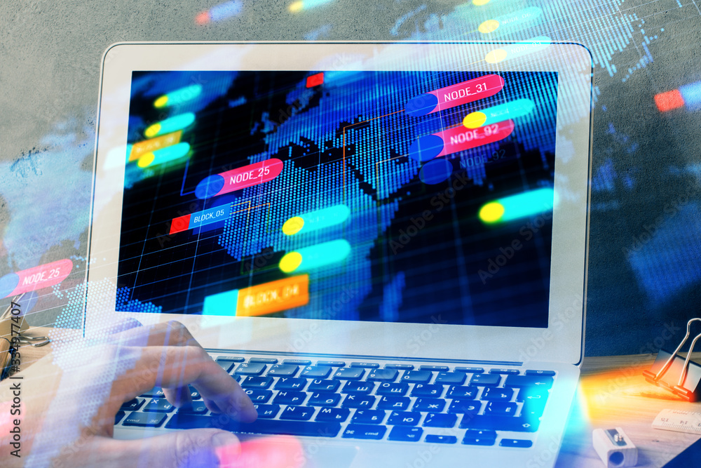 Double exposure of data internet theme hologram with man working on computer on background. Concept of innovation. Double exposure of data internet theme hologram with man working on computer on background. Concept of innovation.