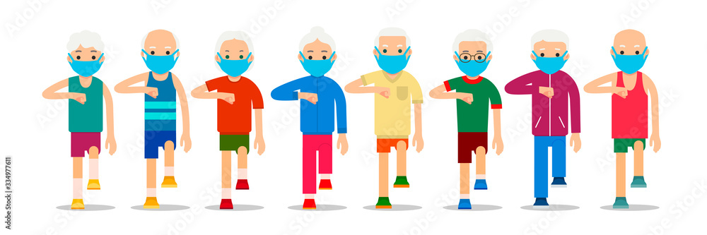 Crowd of older, active people go masked. Adult men and women perform exercise static walking. Protective respiratory mask on face. Physical exercises, training, workout, sport, healthy lifestyle