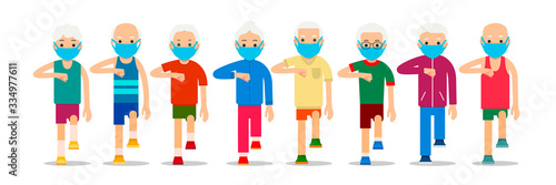 Crowd of older, active people go masked. Adult men and women perform exercise static walking. Protective respiratory mask on face. Physical exercises, training, workout, sport, healthy lifestyle