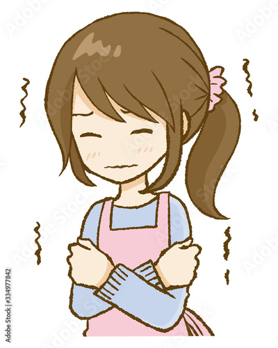 体調不良で寒気を感じる女性　アップヘア、目閉じ　上半身