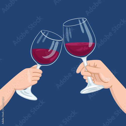Two hands clink glasses with red wine. In cartoon style. On a navy blue background. Vector flat illustration.