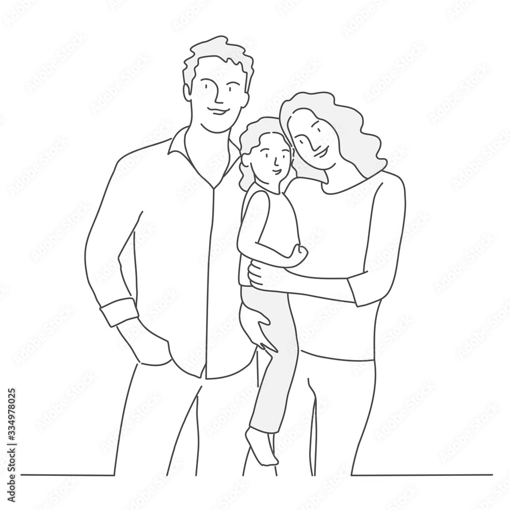 Happy family, mother, father, daughter. Line drawing vector ...