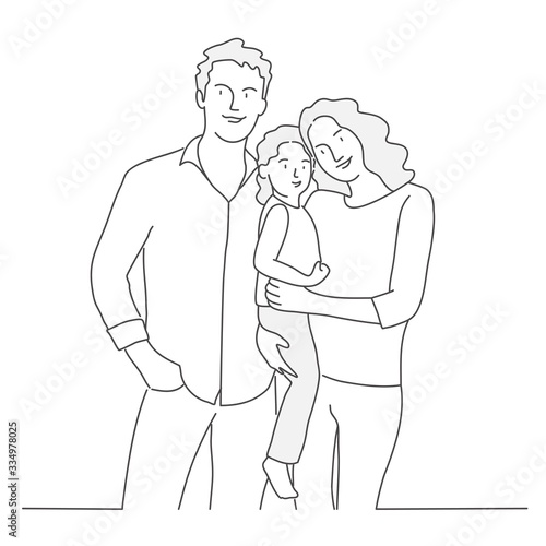 Happy family, mother, father, daughter. Line drawing vector illustration.
