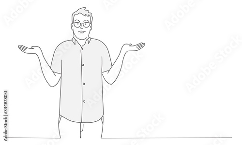 Guy shrugs and spreads his hands. Gesture oops, sorry or I do not know. Hand drawn vector illustration.