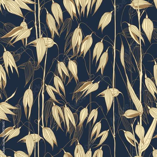Oats. Seamless vector pattern on dark blue. Floral background.