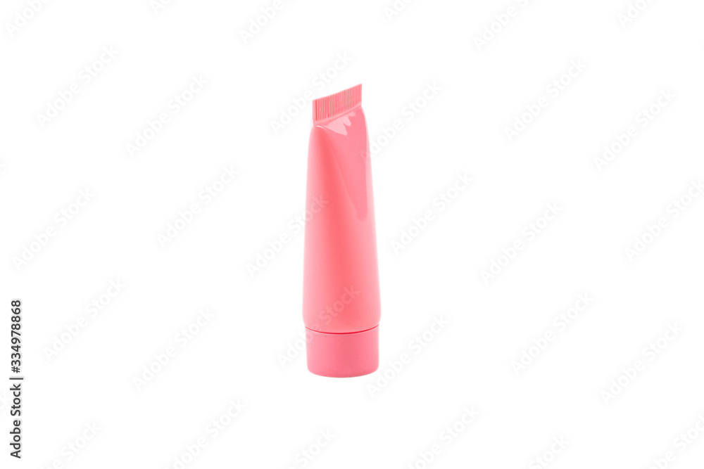 Pink plastic bottles for hygiene products, cosmetics, hygiene products on a white background. Copy space. Pink plastic bottles for hygiene products, cosmetics, hygiene products on a white background. Copy space.