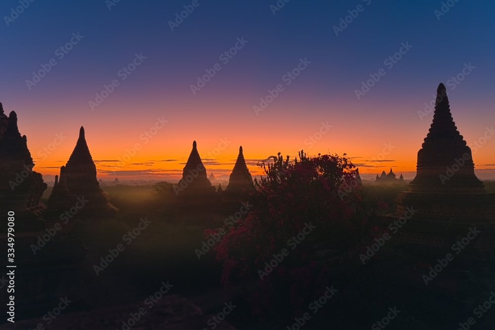 Bagan Myanmar Bell-shaped pagodas after sunset