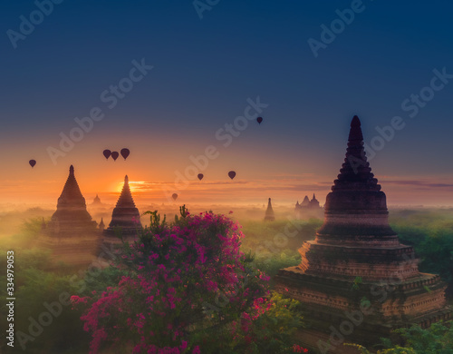 Bagan Myanmar Hot air balloons flying over stupas at Sunrise