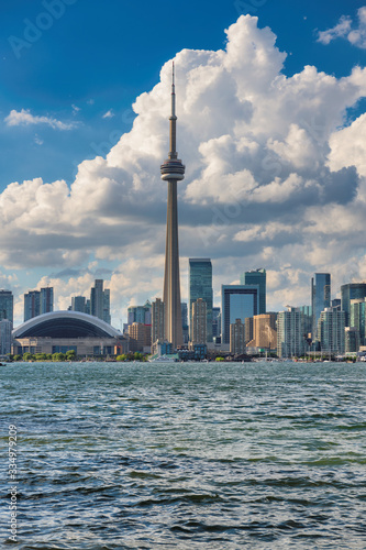 Photography Toronto Skyline with CN Tower over Ontario Lake, Canada.
