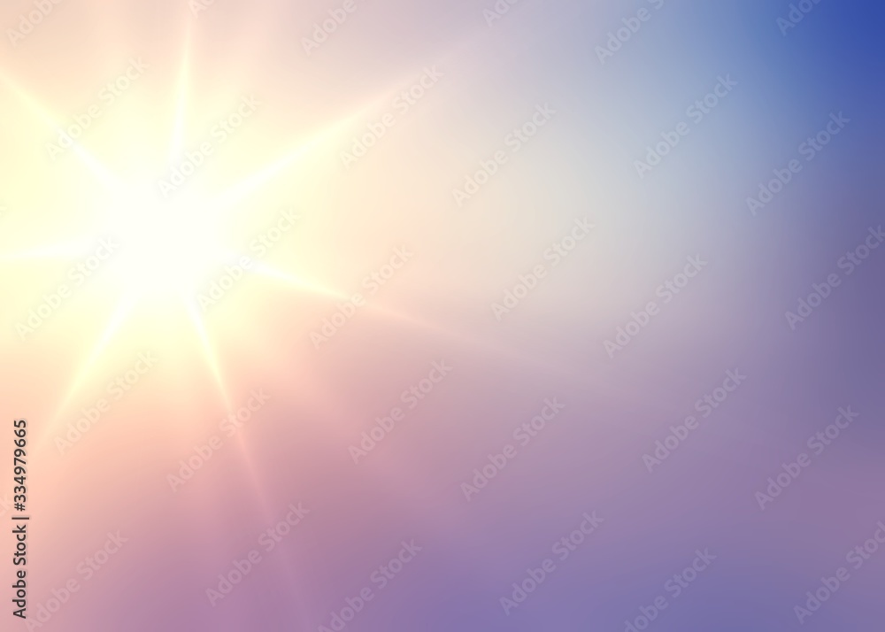 Sun shine on irirdescent sky. Empty background lilac yellow blue gradient. Blurry texture glow. Defocus template glare. Abstract pattern rays.