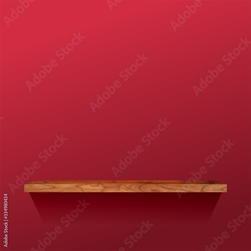 Empty wooden shelf on red wall background. Smooth texture. Abstract illustration.