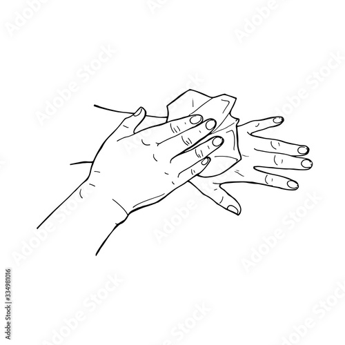 Hand drawn doodle vector illustration preventions infographic  wiping  hands with a paper towel or napkin isolated on white background. Disinfection, hygiene, medical precaution concept