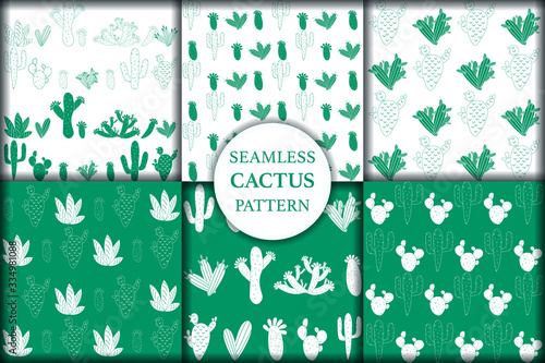 Set of seamless pattern with cactus, succulents and floral elements. Vintage vector botanical illustration. Background ready for printing on textile and other seamless design