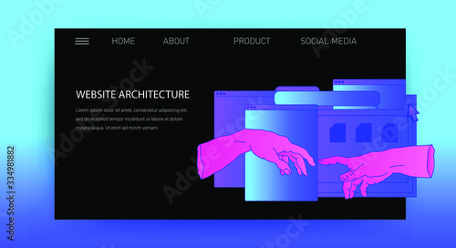 Web site template for UI and UX design, technical support or customer servises page. Hands with user interface elements.