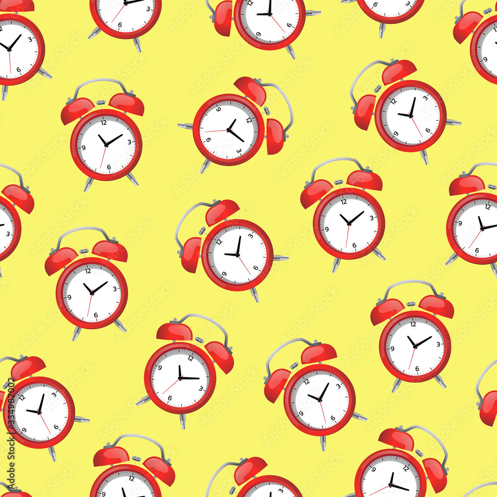 Seamless pattern with red alarm clock on yellow background Seamless pattern with red alarm clock on yellow background