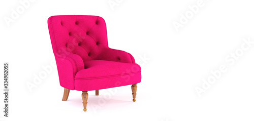 Classic modern pink armchair with wooden legs  quilted back isolated on white background. Bright fuchsia armchair  baby seat. Furniture  interior object  stylish armchair. Single piece of furniture