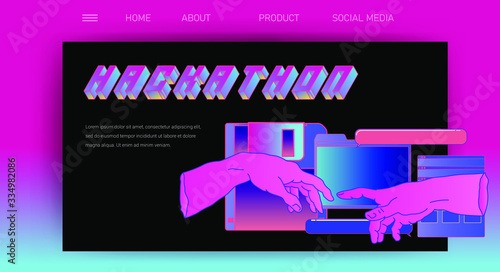 Web site template for UI and UX design, technical support or customer servises page. Hands with user interface elements.