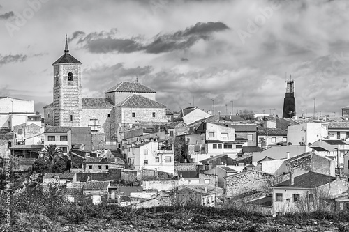 Noblejas view, including Santiago Apostol church and the clock tower of the town hall square.