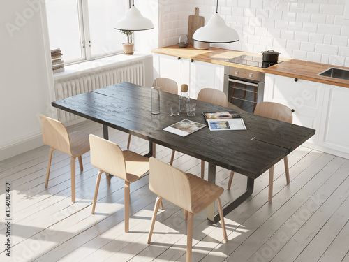 3d white and wooden scandinavian kitchen with black table