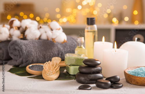 Spa composition with Christmas decoration. Holiday SPA treatment. Zen and relax concept.