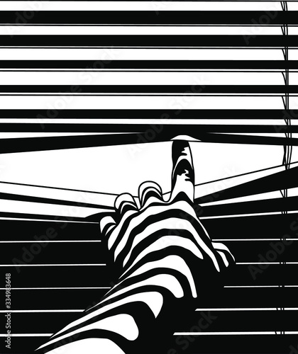 curiosity, sun-blind, jalousie, roler blind black and white vetor graphic illustration of isolation and caution: hidden look behind window in the time of crisis, trace and pursuit