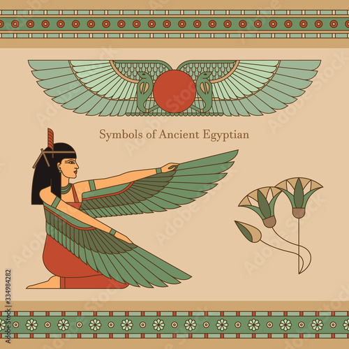 Murais de parede Symbols of ancient Egypt with an illustration of a woman with wings, lotus and o