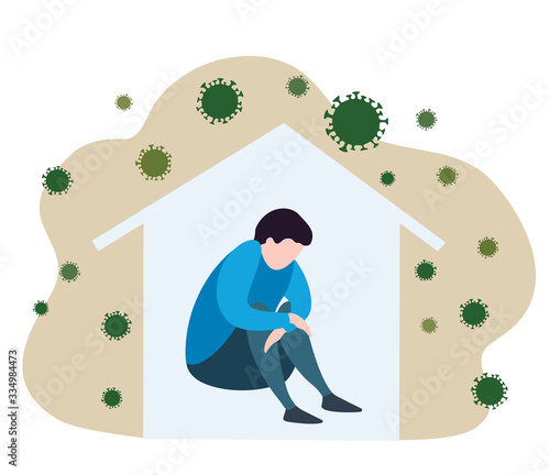 Man sitting in house and virus around. Vector illustration for quarantine, self isolation at home in covid 19 pandemic, coronavirus epidemic
