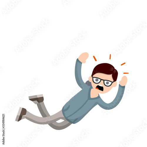 Screaming man falls from height. horror and fear of heights - phobia Acrophobia. Cartoon flat illustration. Drop young nerd guy