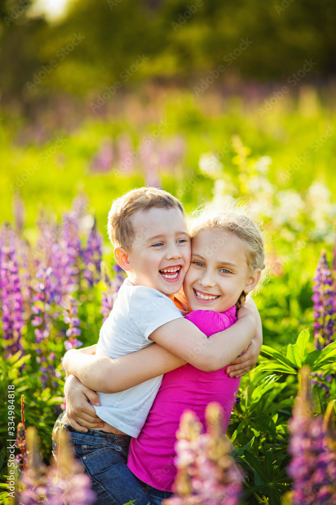 brother and sister hugging and laughing on the wildflowers field in summer brother and sister hugging and laughing on the wildflowers field in summer