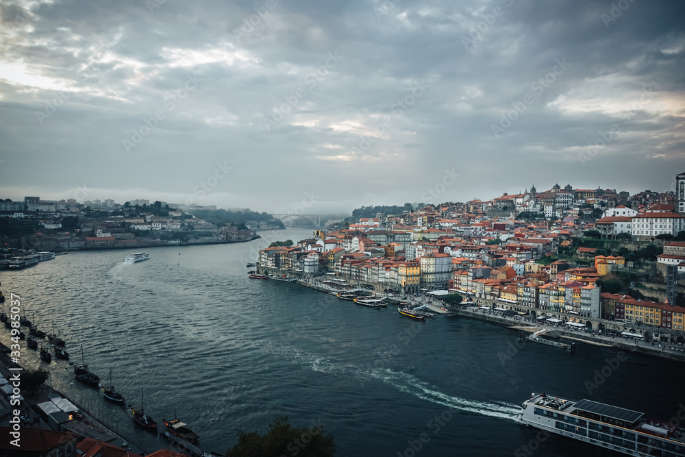 Porto, Região Norte/Portugal - September 16 2019 : view on Douro river and boats from  Ponte de Dom Luis Bridge