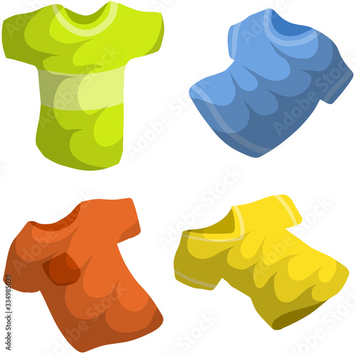 Set of t-shirts. Colored men's rumpled clothing. Red, blue, green and yellow object. Cartoon flat illustration