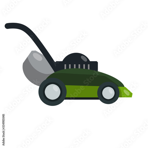 Lawnmower. Gardening machine. Flat illustration. Red trimmer with Gasoline engine. Element for mowing and caring for lawn and grass. Modern model