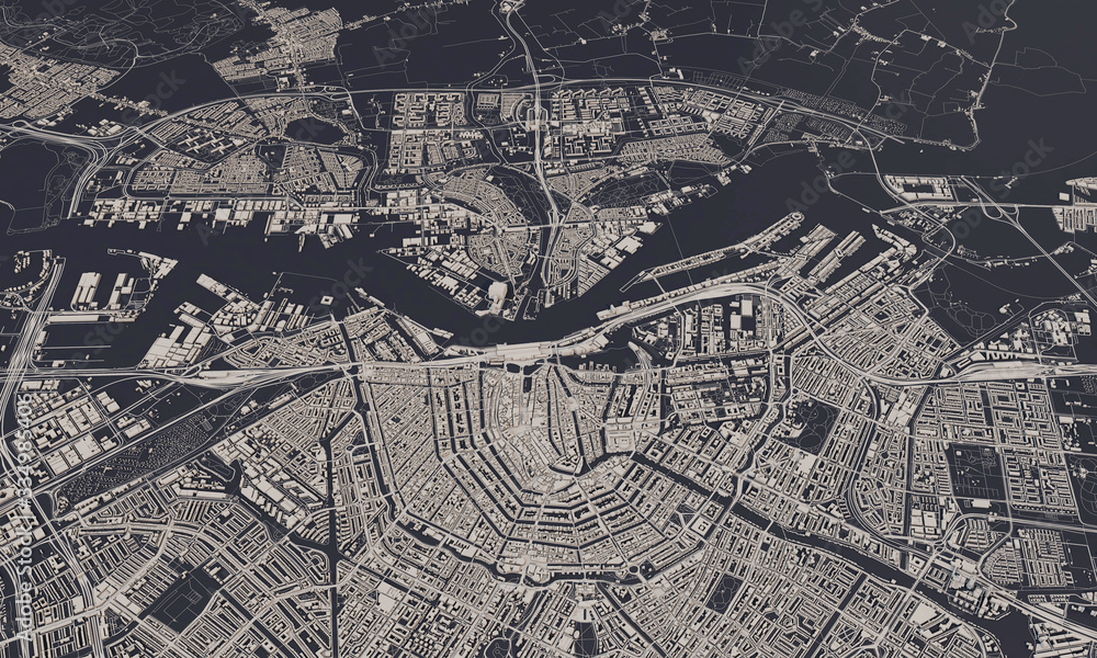 Amsterdam, Netherlands city map 3D Rendering. Aerial satellite view.