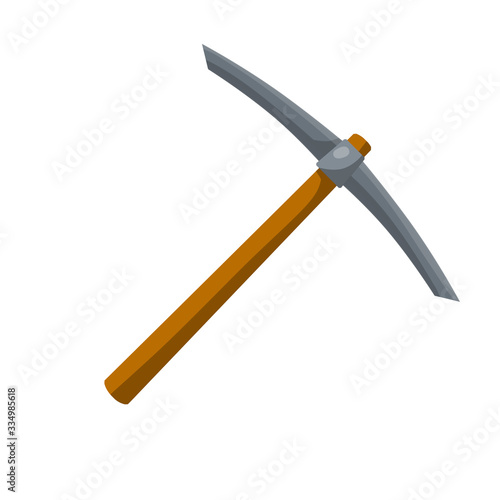Pickaxe. Miner tool for extracting minerals and breaking stones. Wooden handle with steel blade. Inventory of the worker. Cartoon flat illustration