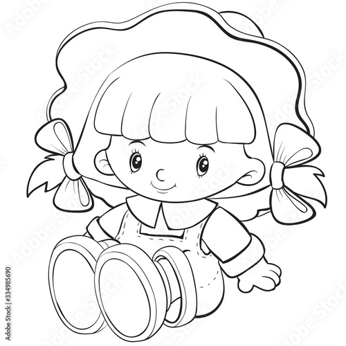 toy doll sitting in a dress and in a hat, outline drawing, isolated object on a white background, vector illustration, eps
