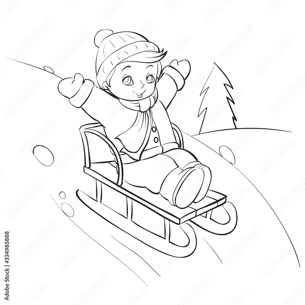 boy sledding from a large roller coaster in the forest, outline drawing, isolated object on a white background, vector illustration, eps